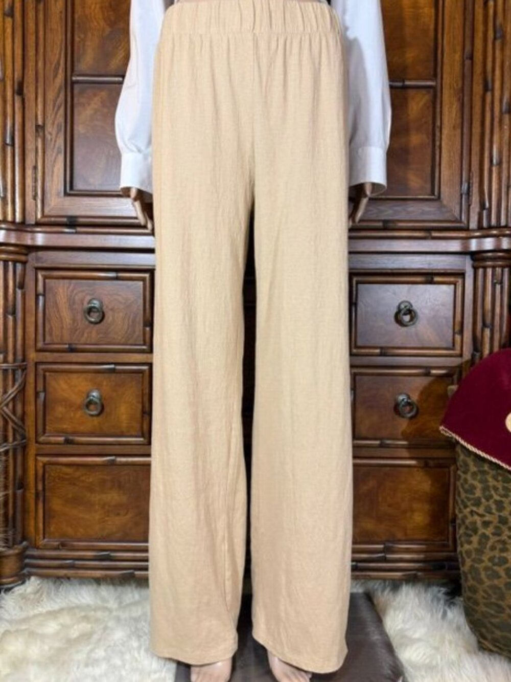 Colleen Lopez Sand Beige Gauze Texture Stretch Cotton Blend Side Slit Pant